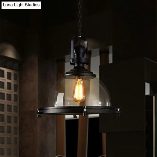 Black Glass Hanging Light With Thick Dome Design - Stylish 1’ Bulb Restaurant Pendant Fixture