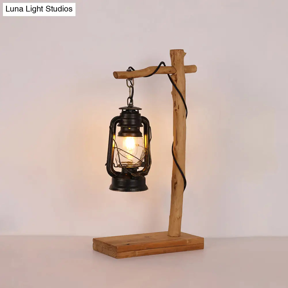 Black Glass Kerosene Nightstand Table Light With Wood Cross Stand