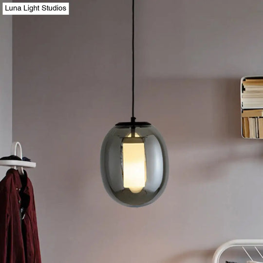 Black Glass Oval Bedroom Hanging Lamp Kit - 1 Head 7’/8.5’ Wide Simple Style Pendant Light