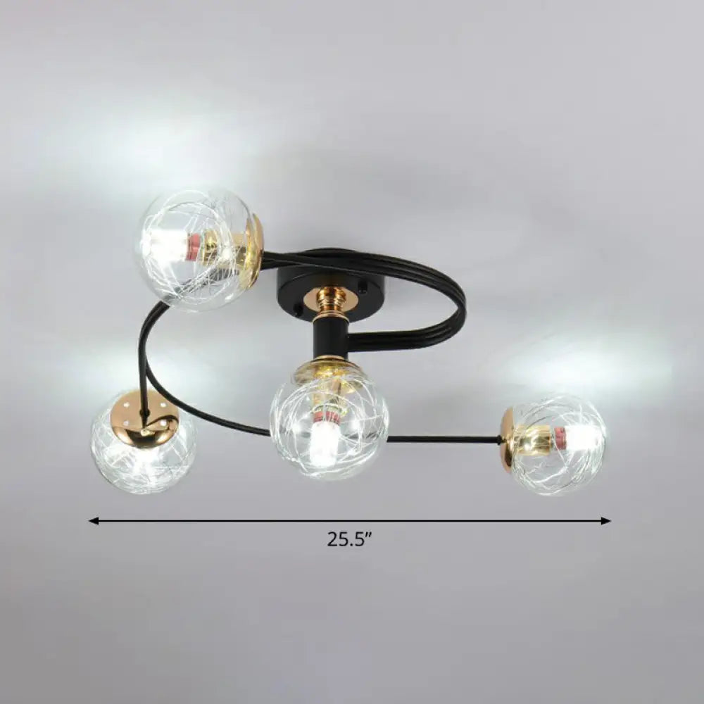 Black Glass Sphere Semi Flush Ceiling Mount Lamp With Elegant Spiral Design 4 / Clear