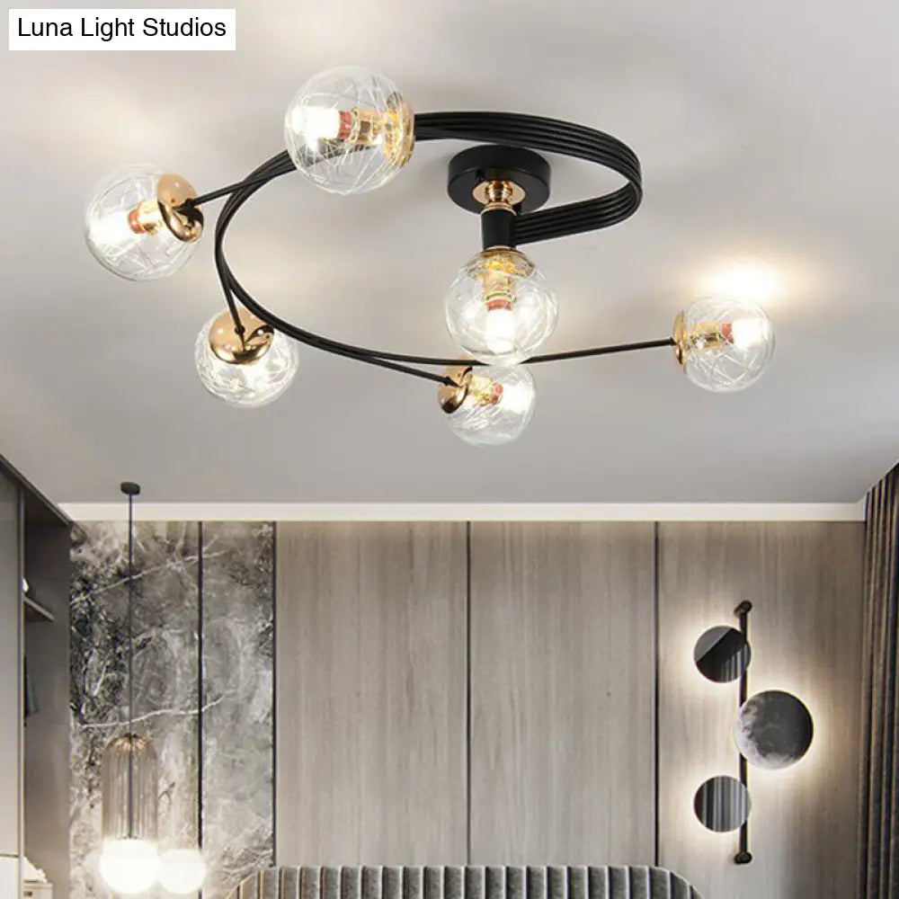 Black Glass Sphere Semi Flush Ceiling Mount Lamp With Elegant Spiral Design