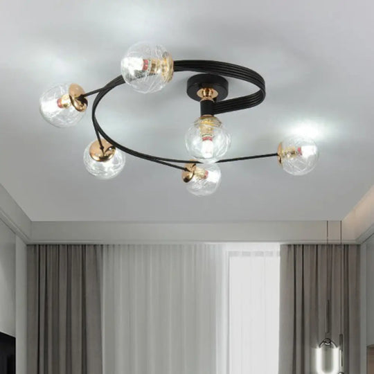 Black Glass Sphere Semi Flush Ceiling Mount Lamp With Elegant Spiral Design 6 / Clear