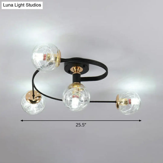 Black Glass Sphere Semi Flush Ceiling Mount Lamp With Elegant Spiral Design 4 / Clear