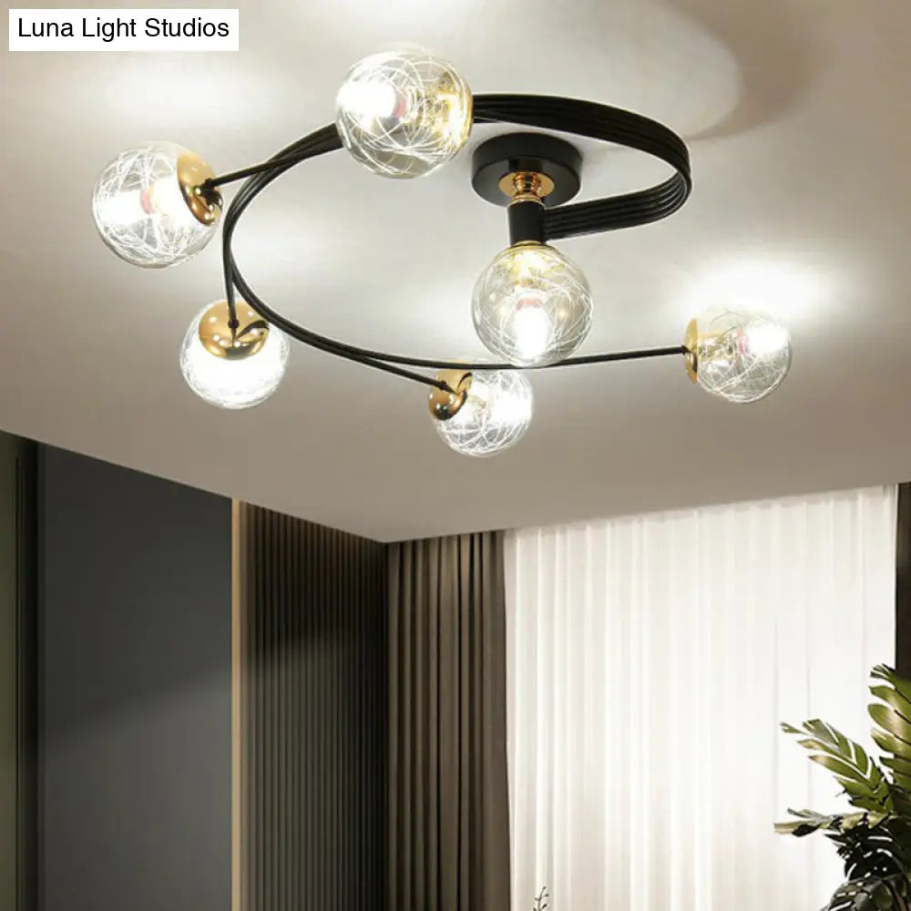 Black Glass Sphere Semi Flush Ceiling Mount Lamp With Elegant Spiral Design