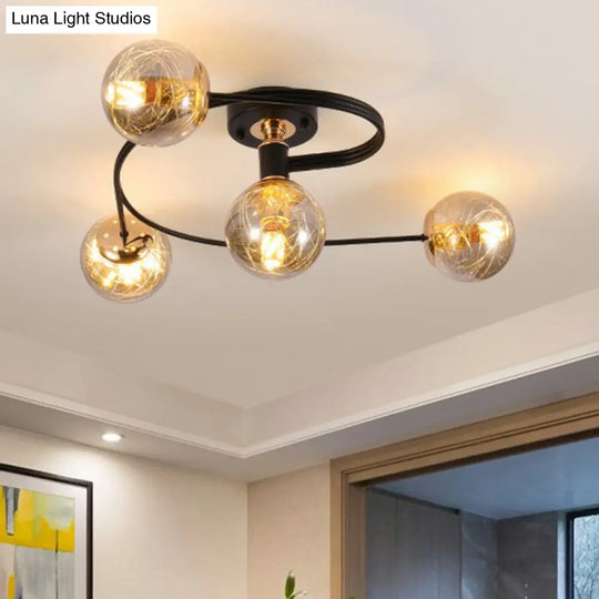 Black Glass Sphere Semi Flush Ceiling Mount Lamp With Elegant Spiral Design