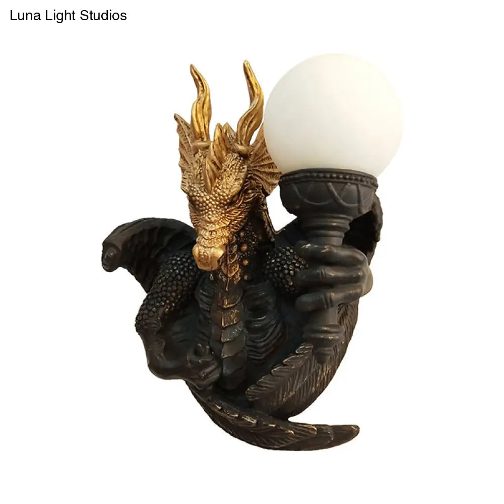 Black Glass Wall Sconce With Dragon Resin Backplate - Traditional Light Fixture