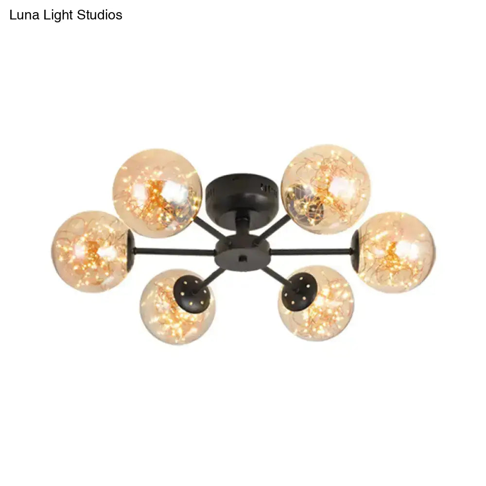 Black Globe Led Starry Semi Flush Mount Ceiling Light With Glass Shade