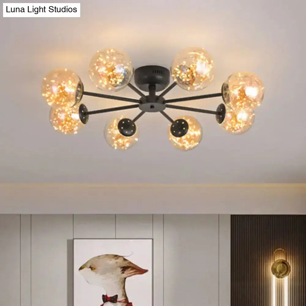 Black Globe Led Starry Semi Flush Mount Ceiling Light With Glass Shade