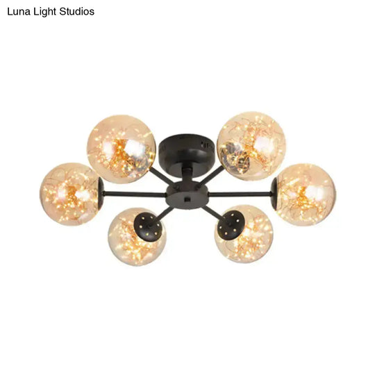 Black Globe Led Starry Semi Flush Mount Ceiling Light With Glass Shade