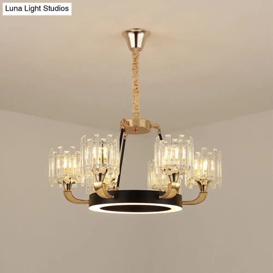 Black & Gold 6-Bulb Pendant Chandelier - Traditional Crystal Cylinder Shade Ceiling Light