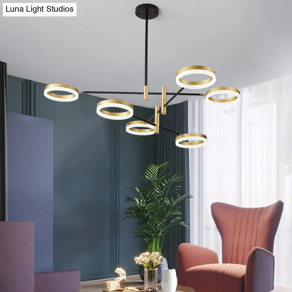 Black-Gold Adjustable Ring Chandelier With Led Acrylic Lights Modern Living Room Hanging Light