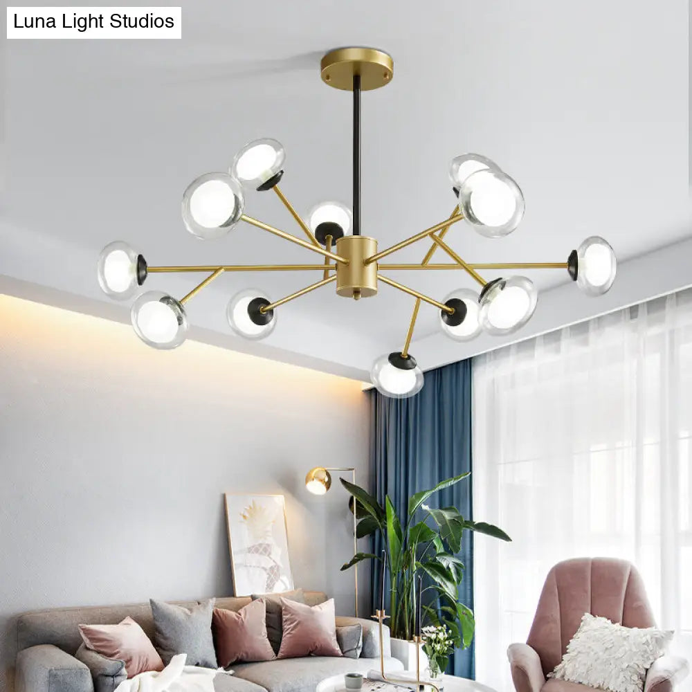 Postmodern Black/Gold Bough Ceiling Chandelier With Milky Glass Shades - 6/15/18 Head Metal Hanging