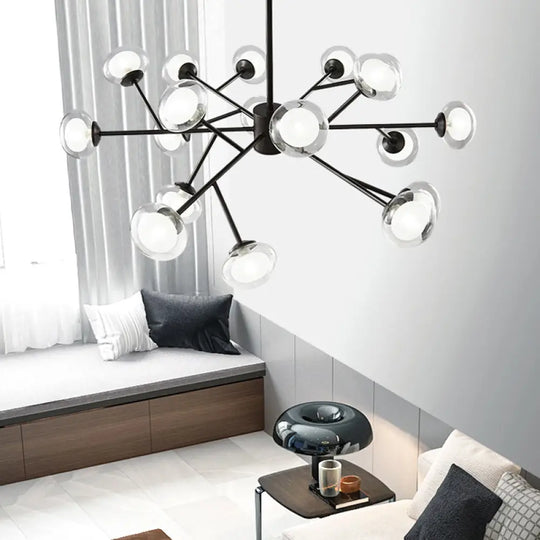 Black/Gold Bough Ceiling Chandelier - Postmodern Metal Hanging Light Kit With Milky Glass Shade