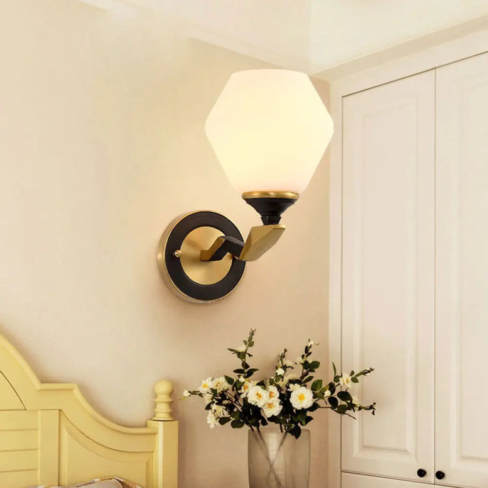 Black-Gold Geometric Sconce Light With Antique Ivory Glass For Bedroom 1 /