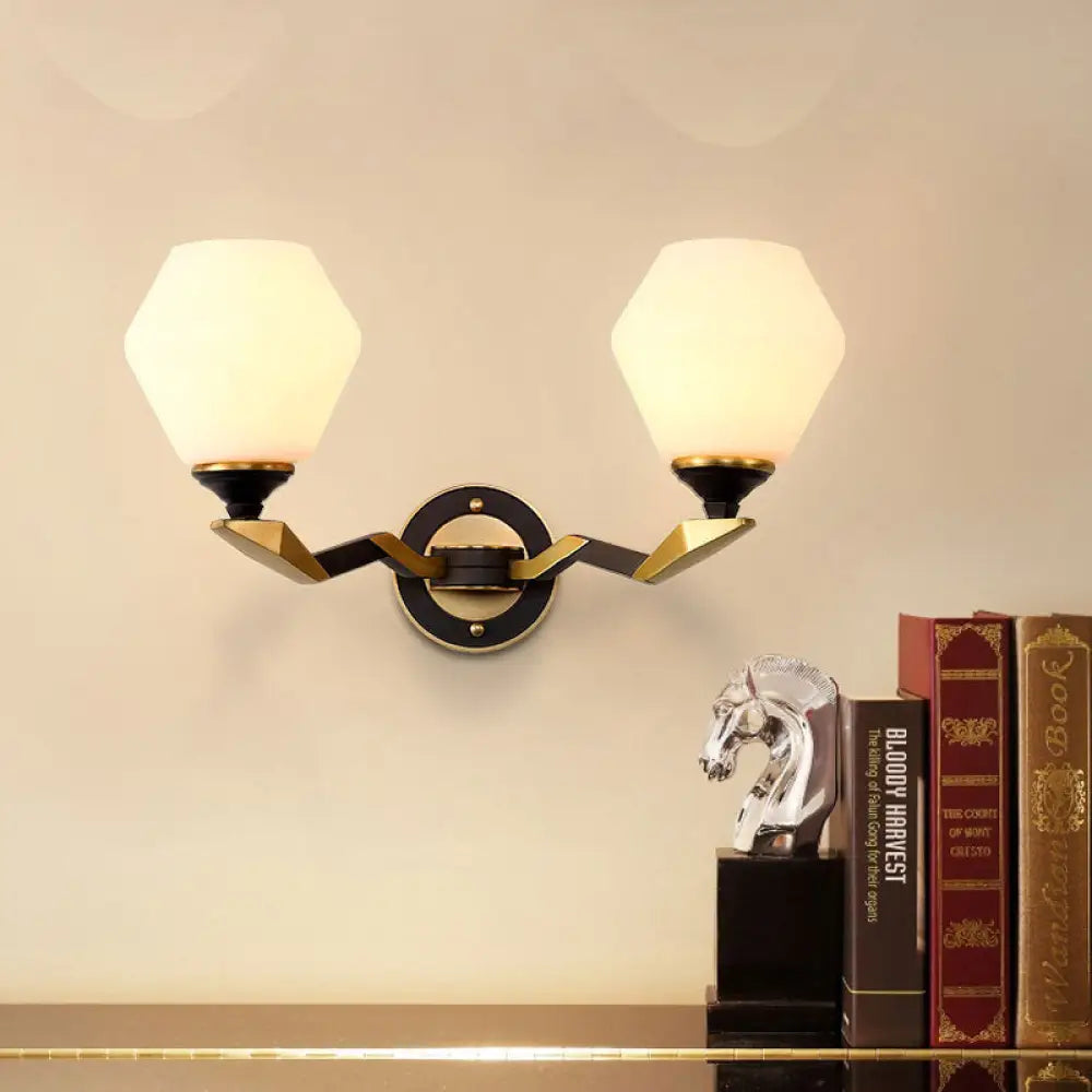 Black-Gold Geometric Sconce Light With Antique Ivory Glass For Bedroom 2 /