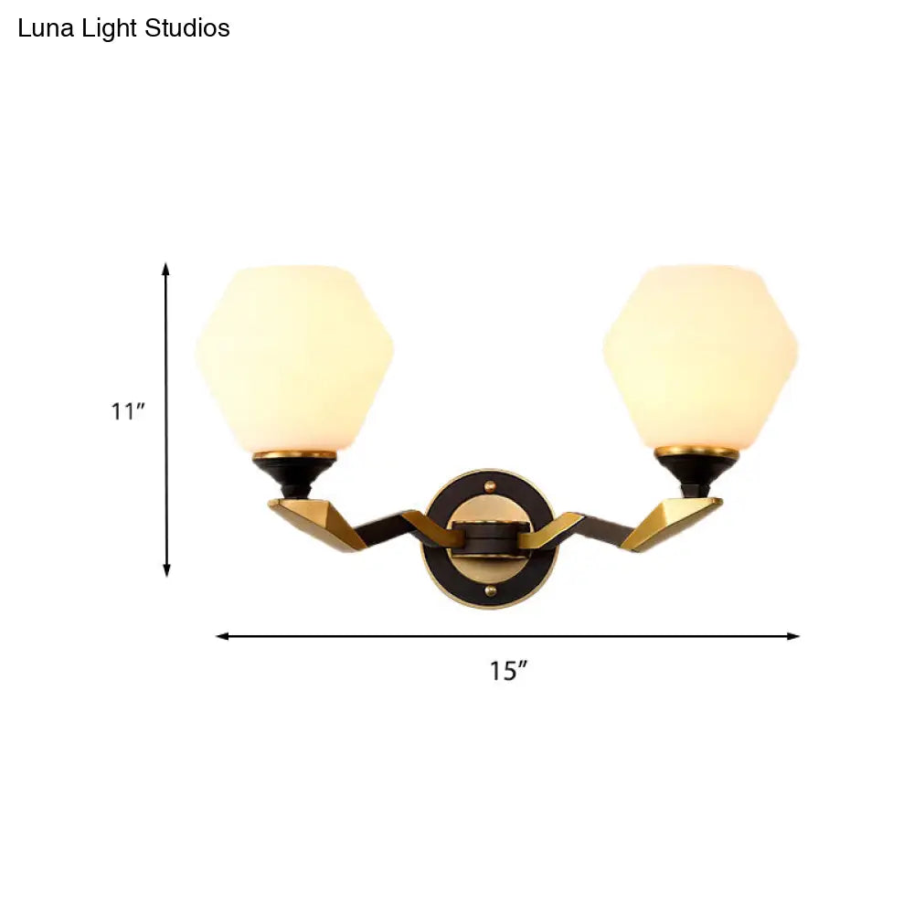 Black-Gold Geometric Sconce Light With Antique Ivory Glass For Bedroom