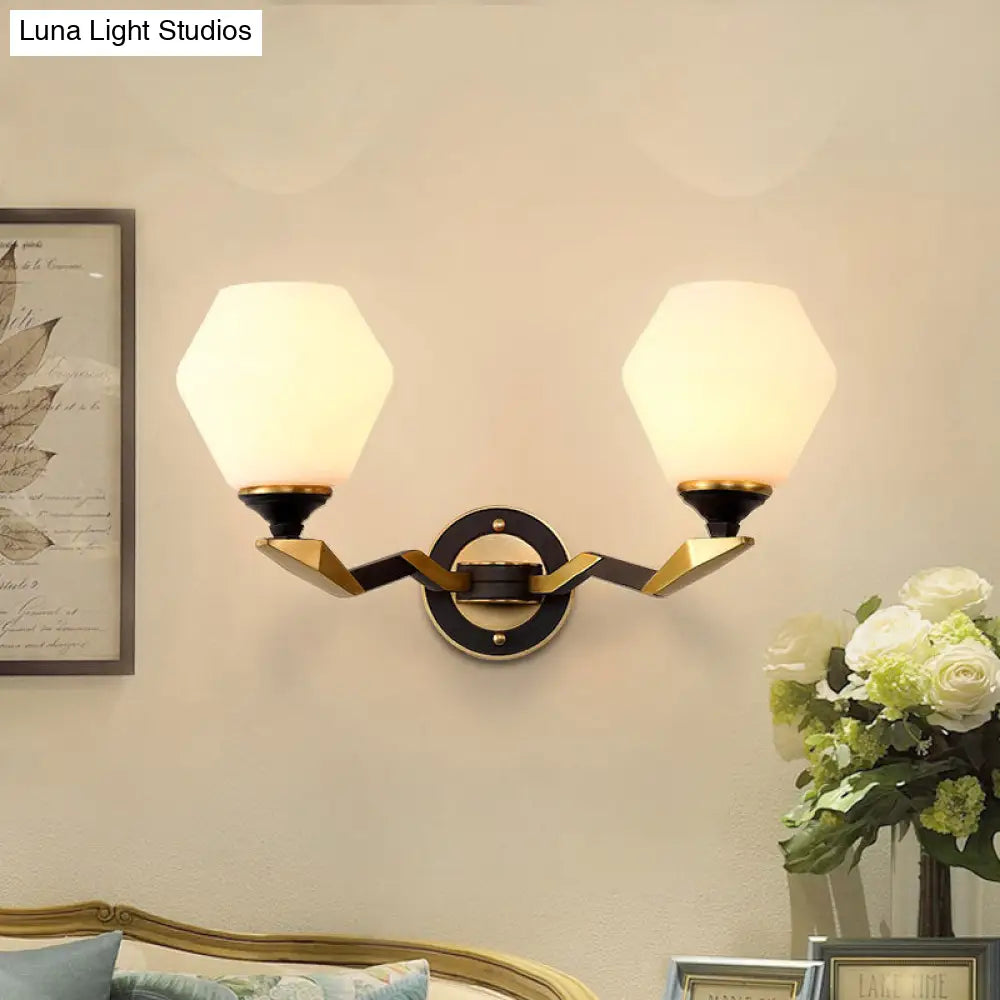 Black-Gold Geometric Sconce Light With Antique Ivory Glass For Bedroom