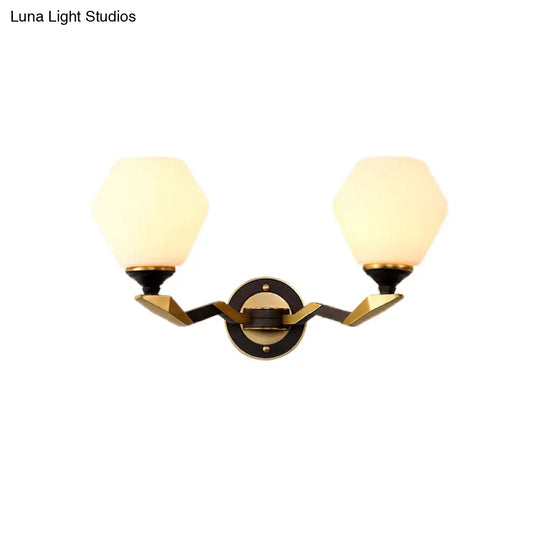 Black-Gold Geometric Sconce Light With Antique Ivory Glass For Bedroom