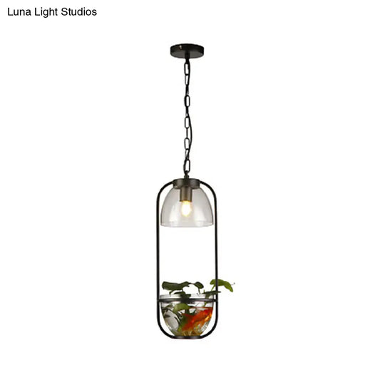 Metallic Oblong Pendant Lamp With Clear Glass Shade And Fish Bowl Accent - Ideal For Dorm Room