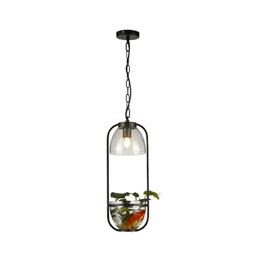 Black/Gold Oblong Pendant Lamp With Clear Glass Shade And Fish Bowl - Perfect For Dorm Rooms Rural