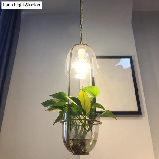 Metallic Oblong Pendant Lamp With Clear Glass Shade And Fish Bowl Accent - Ideal For Dorm Room