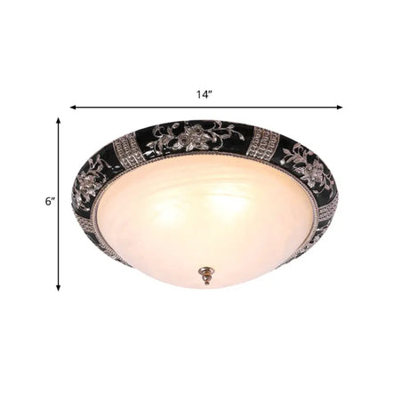 Black-Gold Semi-Orb Flush Mount Lamp With Satin Glass Shade For Hallway