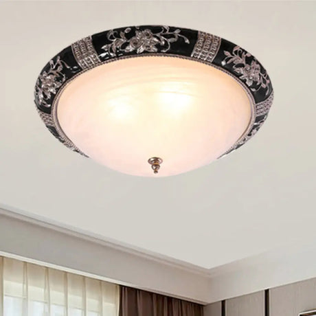 Black - Gold Semi - Orb Flush Mount Lamp With Satin Glass Shade For Hallway / 14’