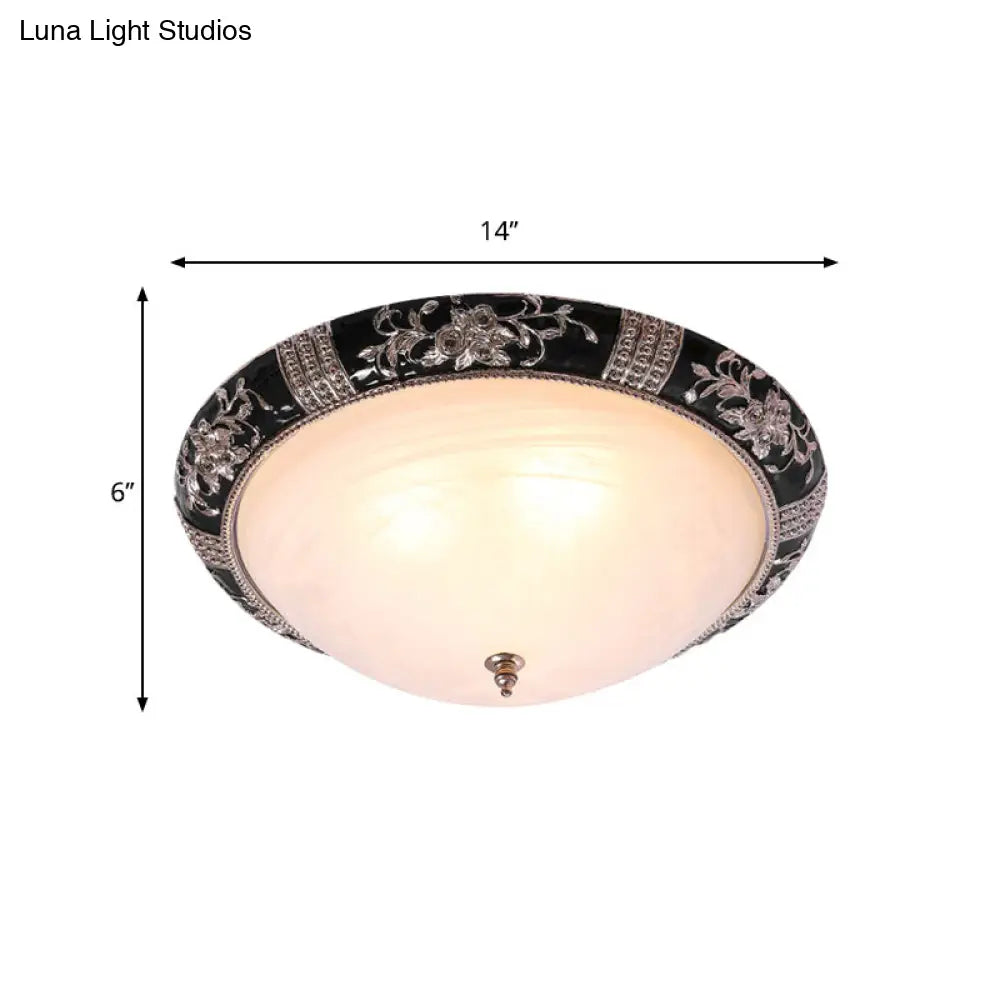 Black - Gold Semi - Orb Flush Mount Lamp With Satin Glass Shade For Hallway