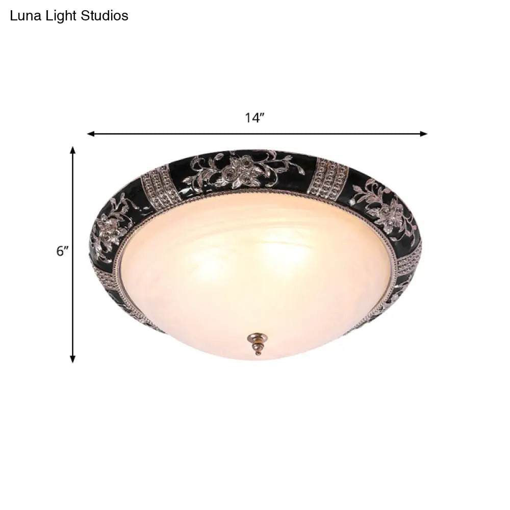 Black-Gold Semi-Orb Flush Mount Lamp With Satin Glass Shade For Hallway