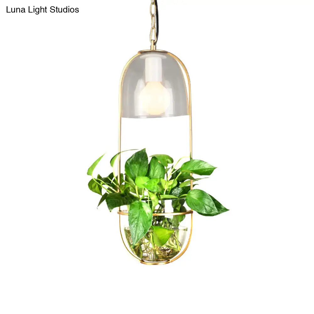 Black/Gold 1-Bulb Suspension Lamp With Country Fabric Barrel Shade And Plant Container Gold