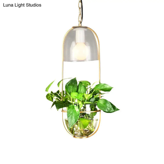 Black/Gold 1-Bulb Suspension Lamp With Country Fabric Barrel Shade And Plant Container Gold