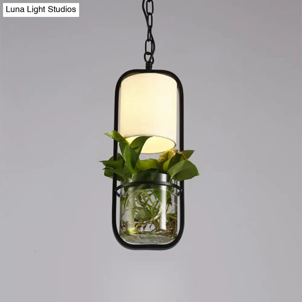 Black/Gold Suspension Lamp With Fabric Barrel Shade And Glass Bell Pendant