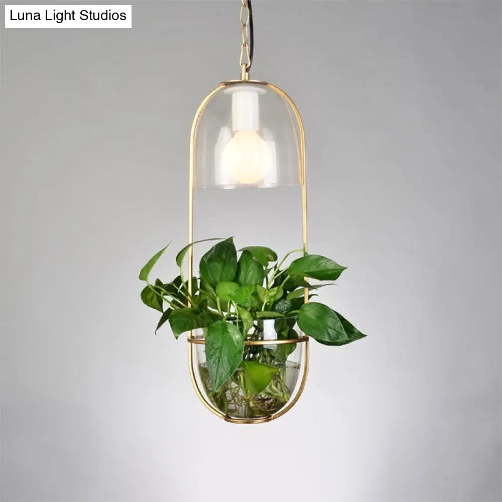 Black/Gold 1-Bulb Suspension Lamp With Country Fabric Barrel Shade And Plant Container