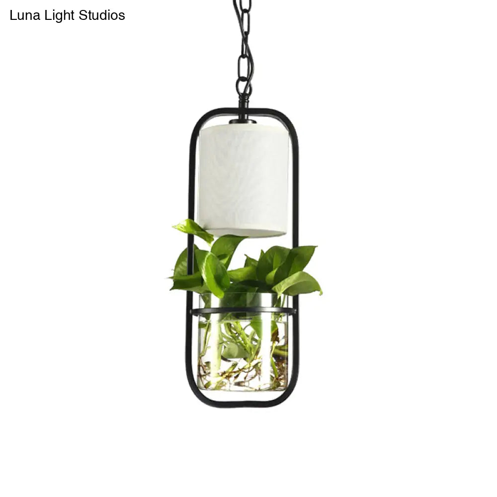 Black/Gold 1-Bulb Suspension Lamp With Country Fabric Barrel Shade And Plant Container Black