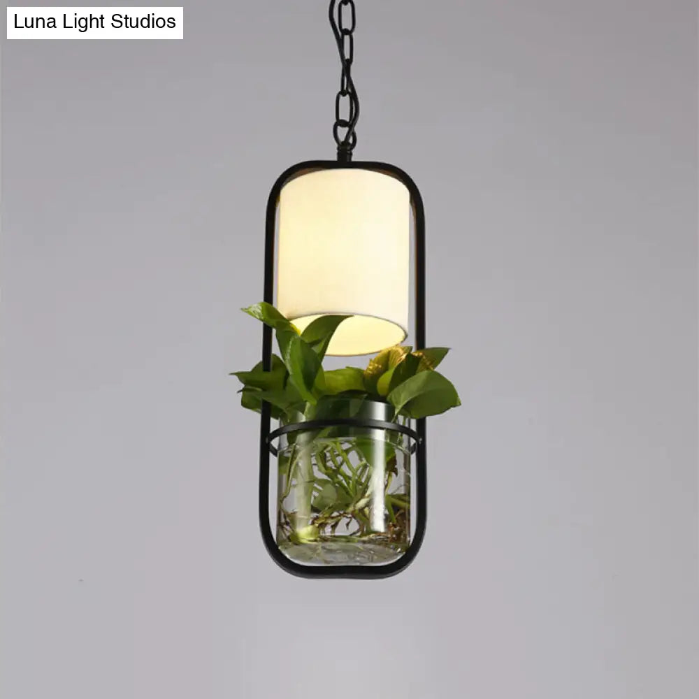 Black/Gold 1-Bulb Suspension Lamp With Country Fabric Barrel Shade And Plant Container