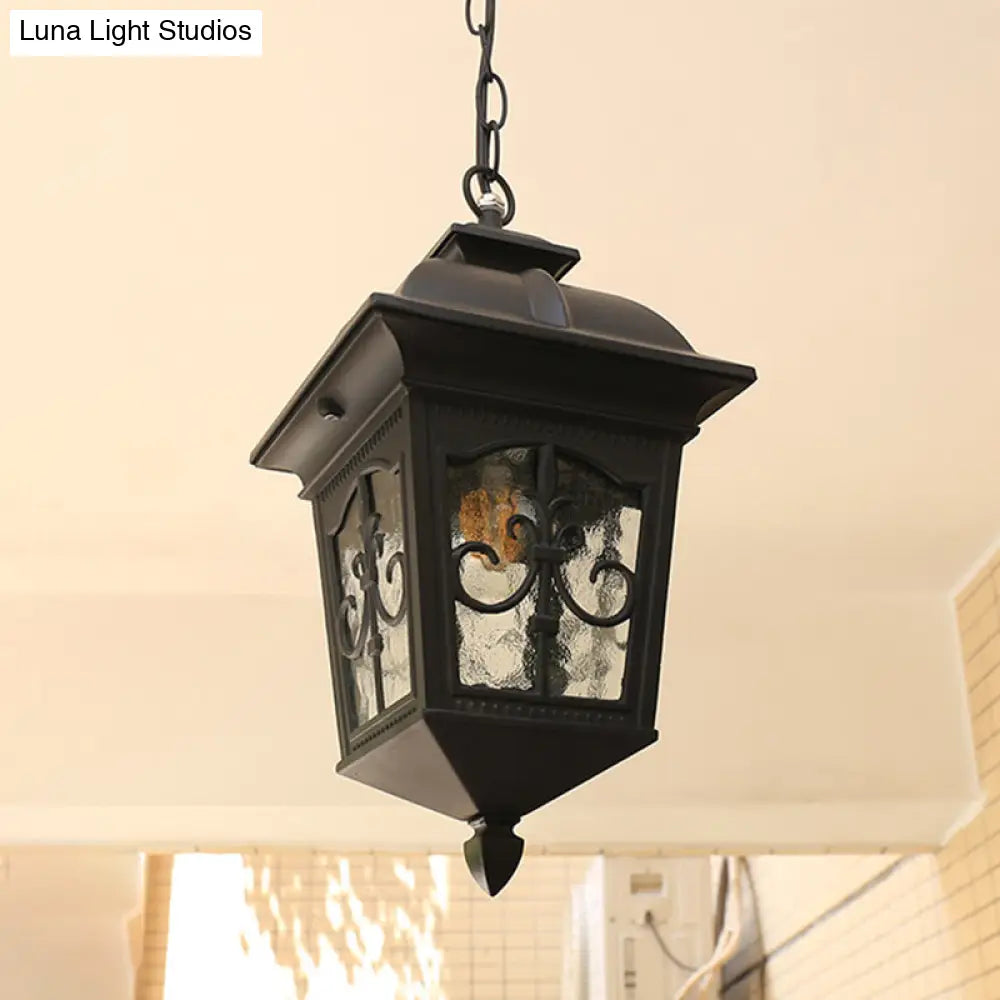 Black/Gold Water Glass Pendant Lamp: Metallic Lantern Hanging Light For Balcony With 1 Bulb