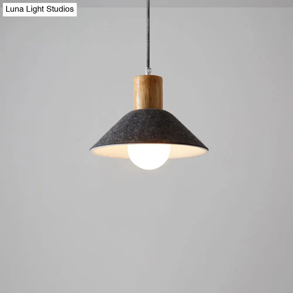 Felt Hanging Light Fixture - Black/Grey Conical Pendant With Wooden Cap For Dining Room