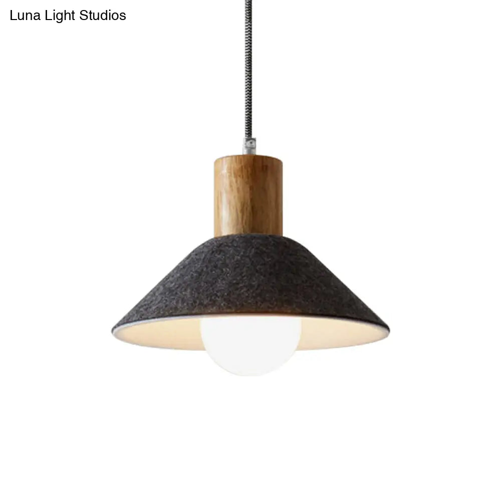 Felt Hanging Light Fixture - Black/Grey Conical Pendant With Wooden Cap For Dining Room
