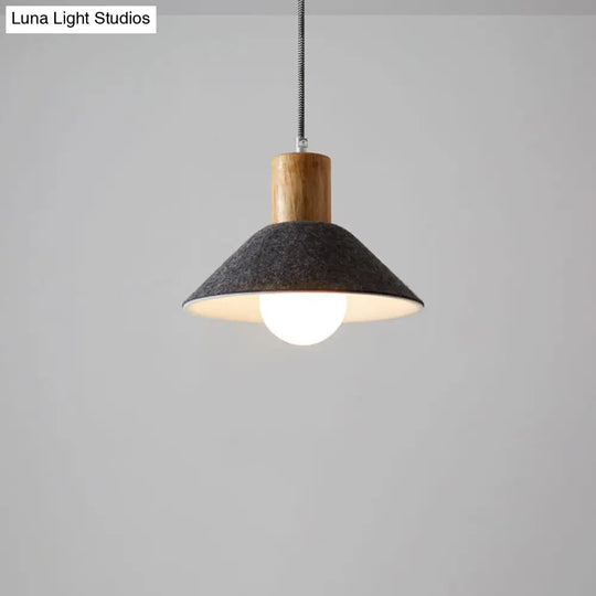 Felt Hanging Light Fixture - Black/Grey Conical Pendant With Wooden Cap For Dining Room