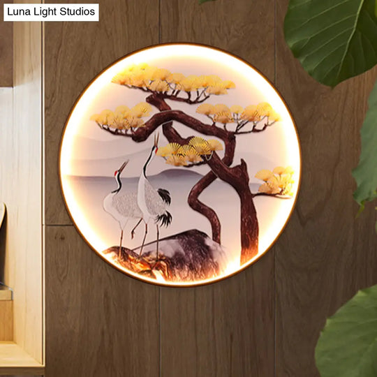 Black Halcyon Led Wall Mural Light - Asian-Inspired Mountain And Pine Tree/Bird Painting Enhance