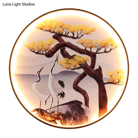 Black Halcyon Led Wall Mural Light - Asian-Inspired Mountain And Pine Tree/Bird Painting Enhance