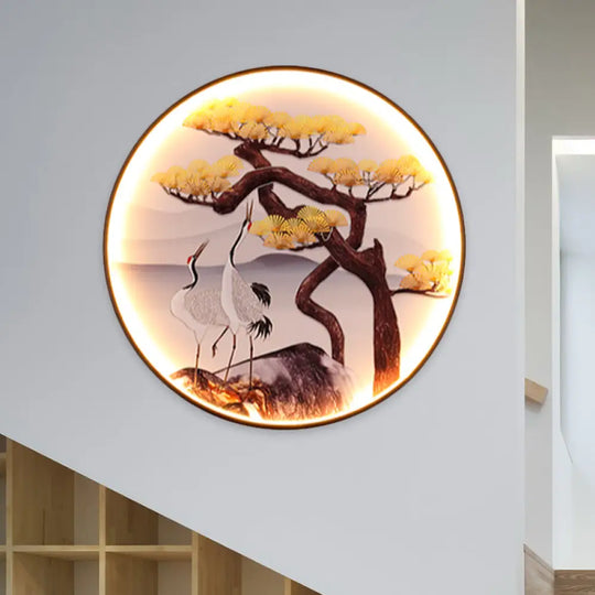 Black Halcyon Led Wall Mural Light - Asian-Inspired Mountain And Pine Tree/Bird Painting Enhance