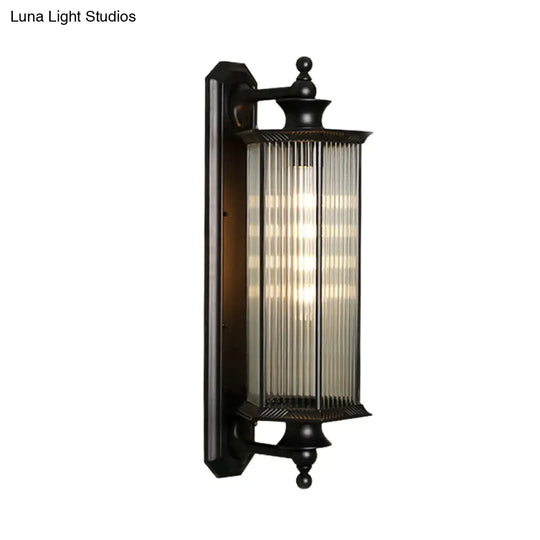 Black Hexagon Outdoor Wall Sconce With Clear Ribbed Glass - 1 Light Mount Fixture