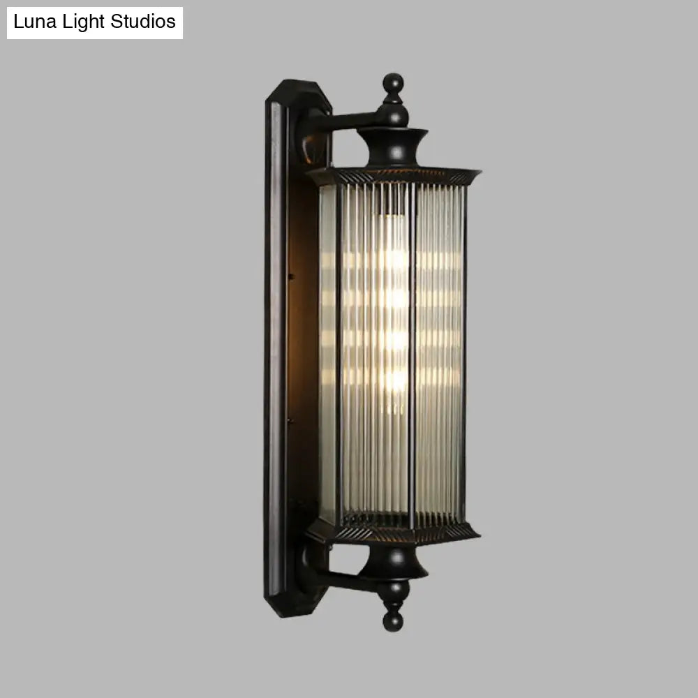 Black Hexagon Outdoor Wall Sconce With Clear Ribbed Glass - 1 Light Mount Fixture