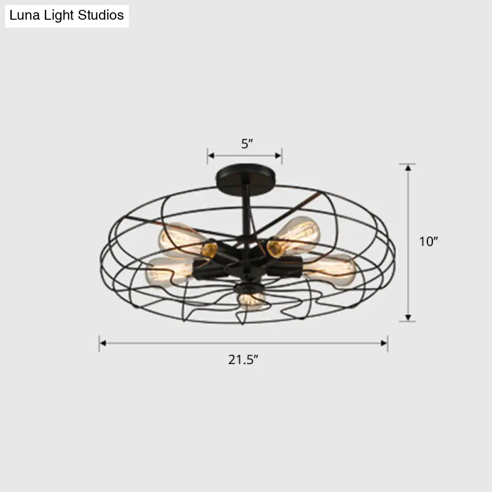 Black Industrial 5-Head Suspension Lamp For Bedroom - Iron Wire Round Chandelier Light