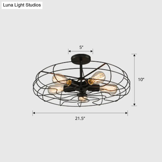 Black Industrial 5-Head Suspension Lamp For Bedroom - Iron Wire Round Chandelier Light