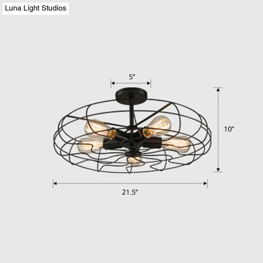 Iron Wire 5-Head Bedroom Chandelier Light - Industrial Round Suspension Lamp In Black