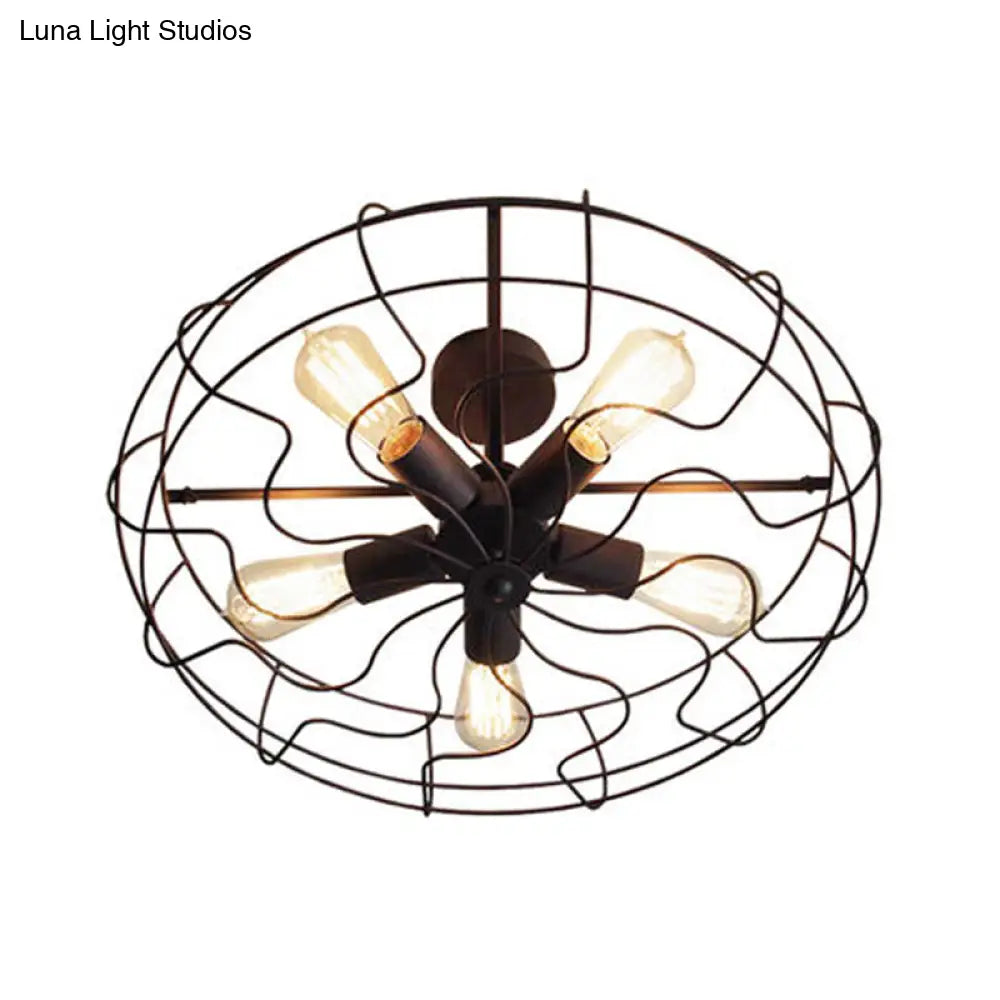 Iron Wire 5-Head Bedroom Chandelier Light - Industrial Round Suspension Lamp In Black