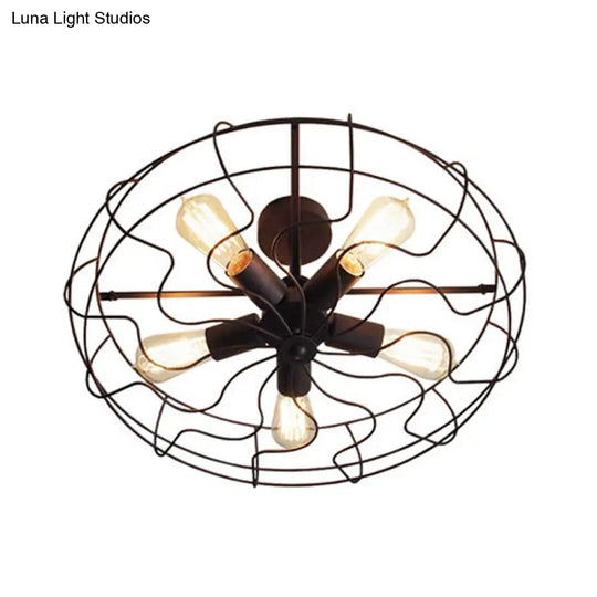 Iron Wire 5-Head Bedroom Chandelier Light - Industrial Round Suspension Lamp In Black