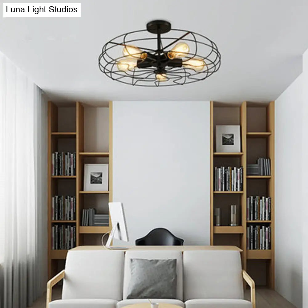 Black Industrial 5-Head Suspension Lamp For Bedroom - Iron Wire Round Chandelier Light